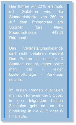Hier fuhren wir 2018 erstmals mit. Gefahren wird die Standardstrecke von 250 m auf dem Phoenixsee am Südufer (fürs Navi: Phoenixstrasse, 44263 Dortmund).   Das Veranstaltungsgelände darf nicht befahren werden! Das Parken ist nur für 3 Stunden erlaubt, daher sollte man das - leider kostenpflichtige - Parkhaus nutzen.   Im ersten Rennen qualifiziert man sich für einen der 3 Cups, in den folgenden beiden Zeitläufen geht es um die Einteilung in die A, B oder C Finalläufe.