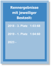 Rennergebnisse mit jeweiliger Bestzeit: 2018 - 3. Platz   1:03:68  2019 - 1. Platz   1:04:60  2023 -